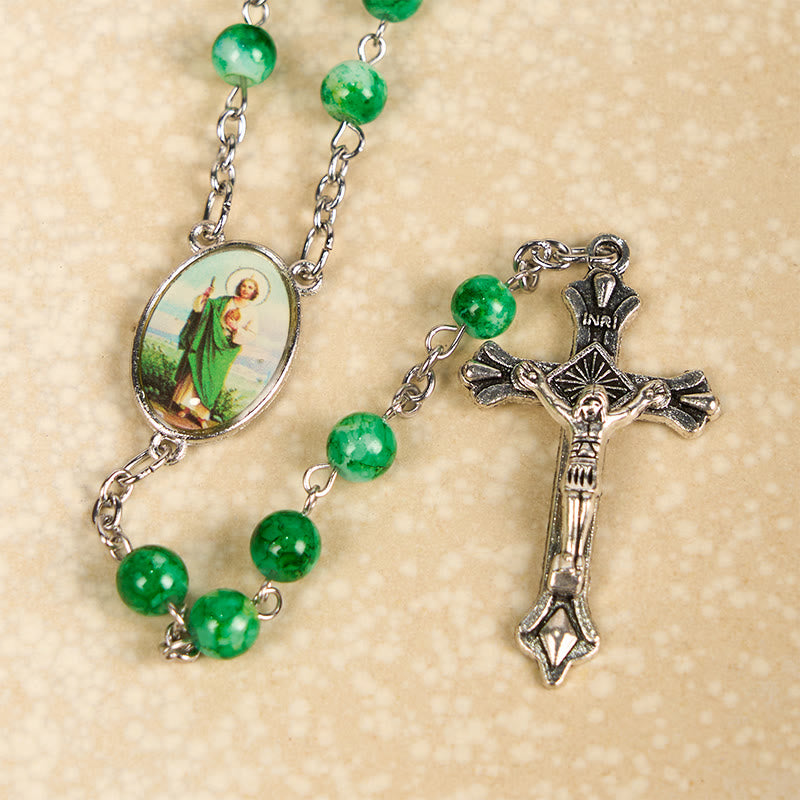 Christianartworkshop St. Jude & Crucifix of 8 mm Round Green Glass Alloy Chain Rosary