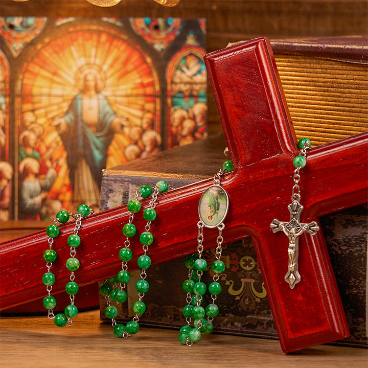 Christianartworkshop St. Jude & Crucifix of 8 mm Round Green Glass Alloy Chain Rosary