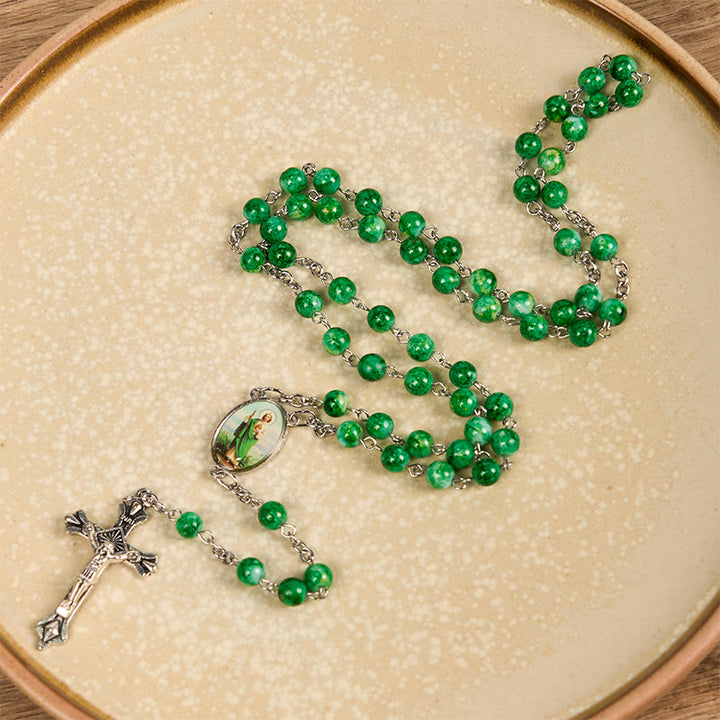 Christianartworkshop St. Jude & Crucifix of 8 mm Round Green Glass Alloy Chain Rosary