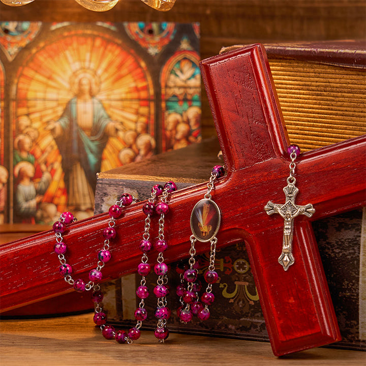 Christianartworkshop Divine Mercy & Crucifix of 8 mm Round Purple Glass Alloy Chain Rosary