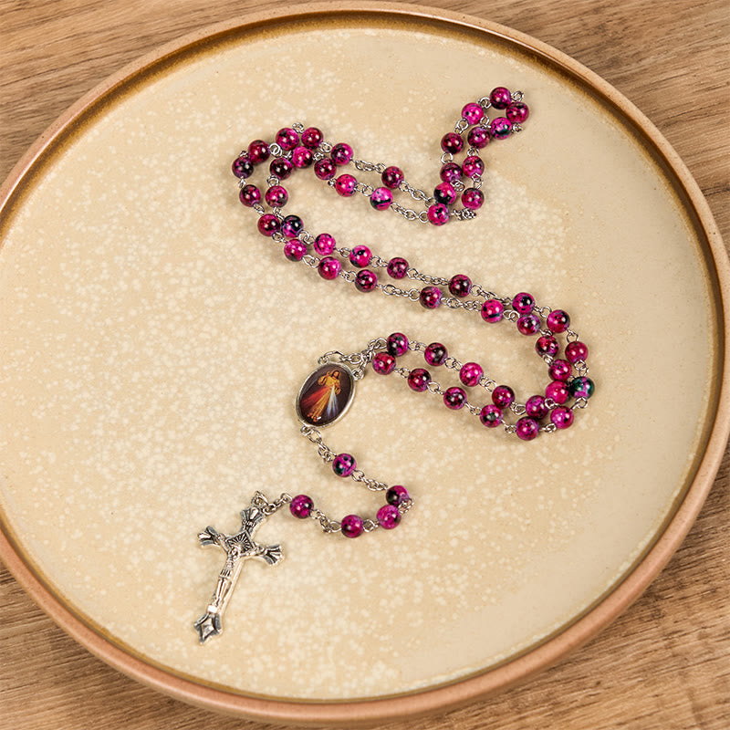 FREE Today: Divine Mercy & Crucifix of 8 mm Round Purple Glass Alloy Chain Rosary