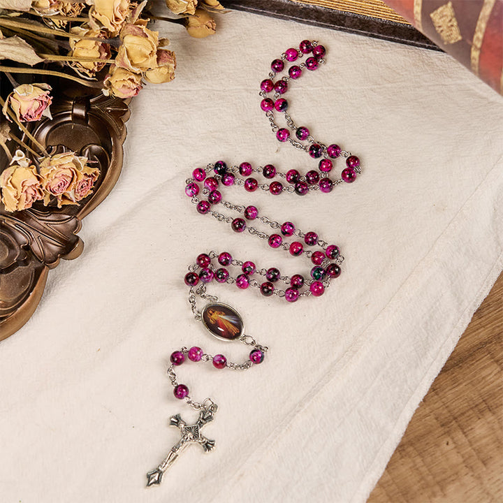 Christianartworkshop Divine Mercy & Crucifix of 8 mm Round Purple Glass Alloy Chain Rosary