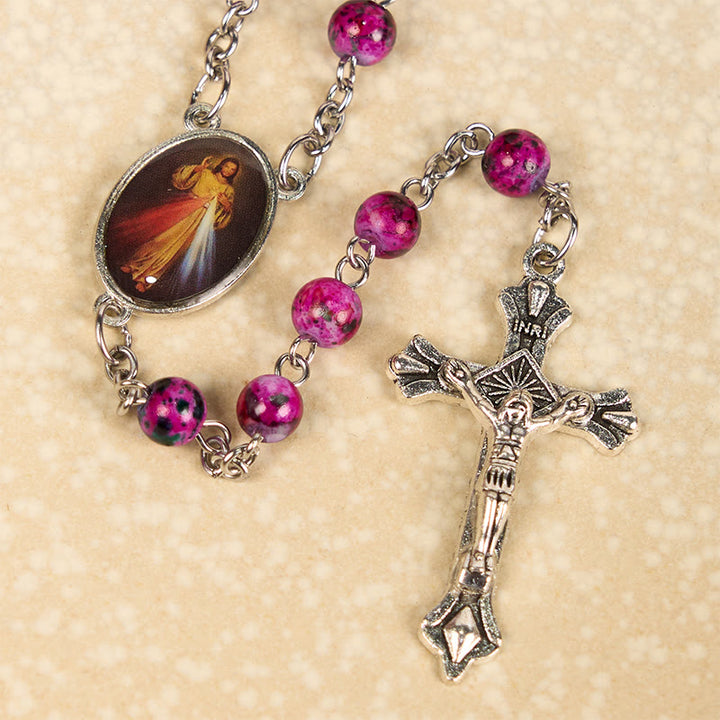 Christianartworkshop Divine Mercy & Crucifix of 8 mm Round Purple Glass Alloy Chain Rosary