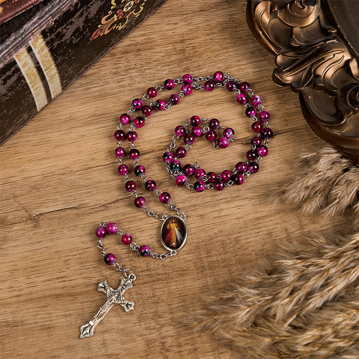 Christianartworkshop Divine Mercy & Crucifix of 8 mm Round Purple Glass Alloy Chain Rosary