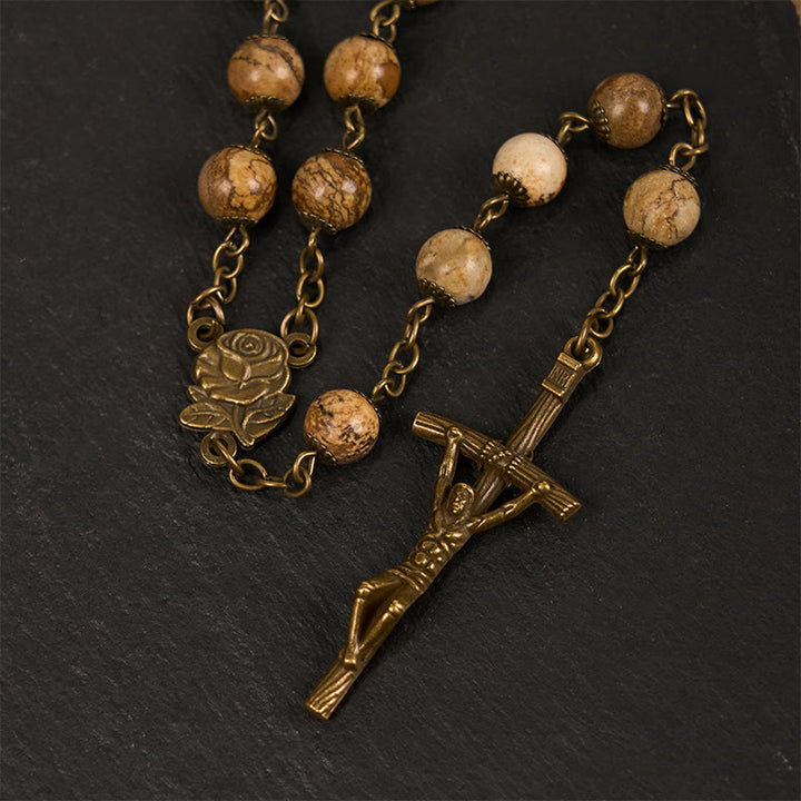 Christianartworkshop Rose & Crucifix of 8 mm Round Brown Stone Alloy Chain Rosary