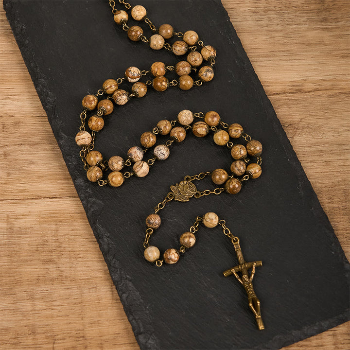 Christianartworkshop Rose & Crucifix of 8 mm Round Brown Stone Alloy Chain Rosary