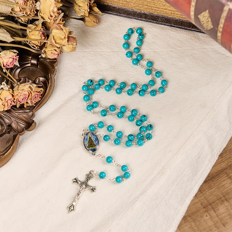 Christianartworkshop Our Lady of Aparecida & Crucifix of 8 mm Round Green Glass Alloy Chain Rosary