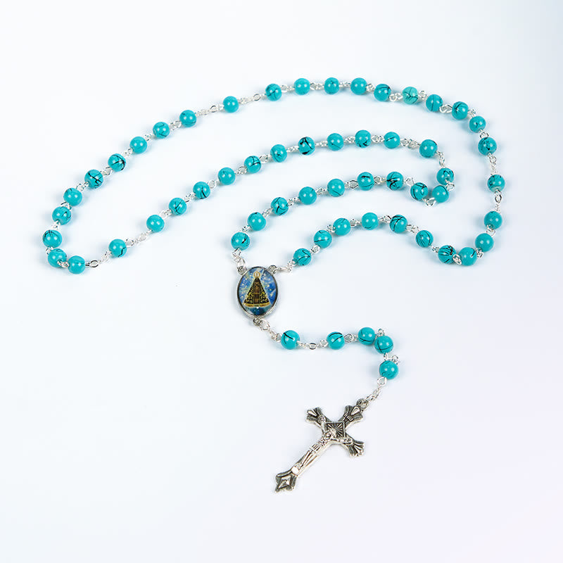 Christianartworkshop Our Lady of Aparecida & Crucifix of 8 mm Round Green Glass Alloy Chain Rosary