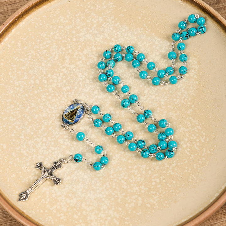 Christianartworkshop Our Lady of Aparecida & Crucifix of 8 mm Round Green Glass Alloy Chain Rosary