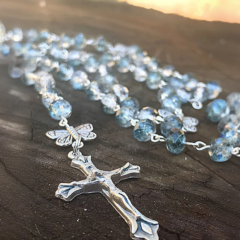 FREE Today: Immaculate Heart of Mary & Crucifix of 8 mm Round Ice Cracked Popping Beads Blue Alloy Chain Rosary