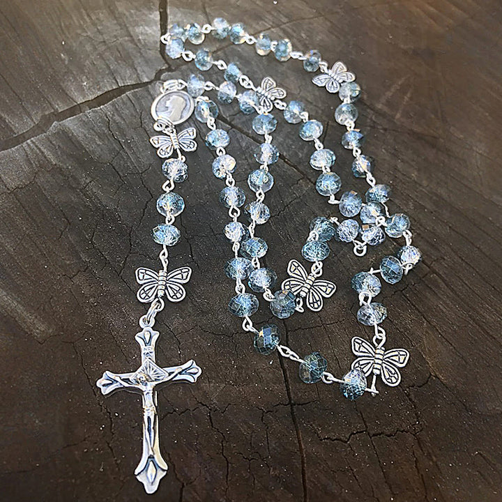 FREE Today: Immaculate Heart of Mary & Crucifix of 8 mm Round Ice Cracked Popping Beads Blue Alloy Chain Rosary