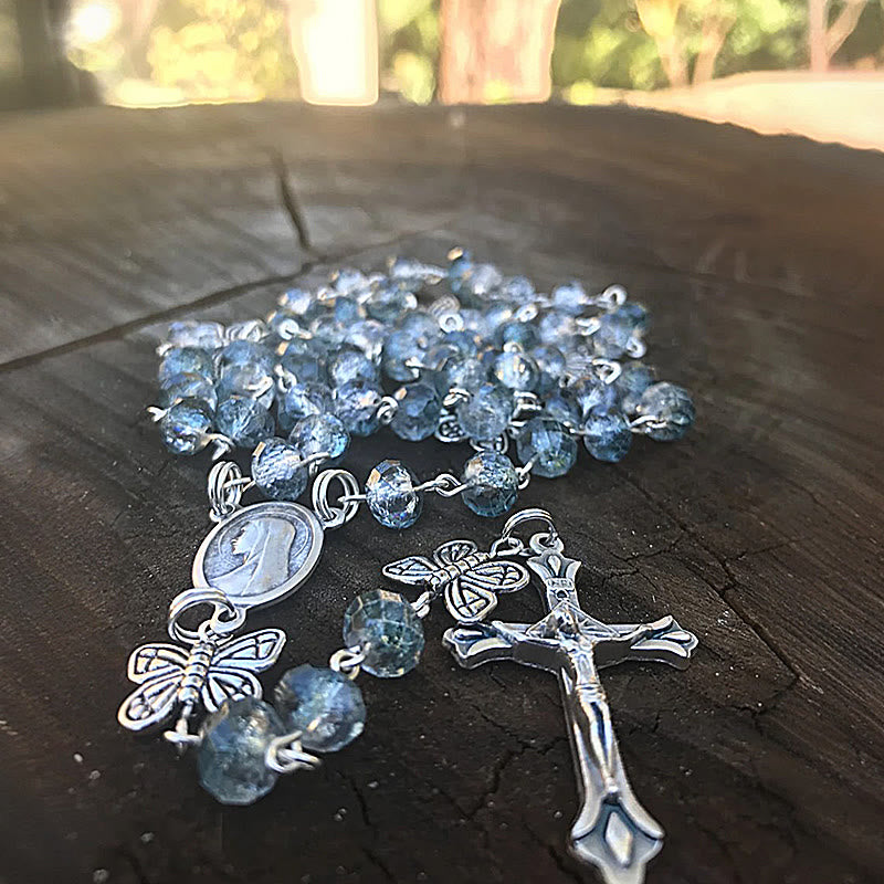 FREE Today: Immaculate Heart of Mary & Crucifix of 8 mm Round Ice Cracked Popping Beads Blue Alloy Chain Rosary