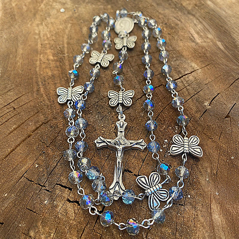 FREE Today: Immaculate Heart of Mary & Crucifix of 8 mm Round Ice Cracked Popping Beads Blue Alloy Chain Rosary