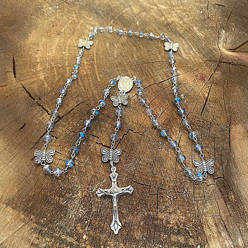 FREE Today: Immaculate Heart of Mary & Crucifix of 8 mm Round Ice Cracked Popping Beads Blue Alloy Chain Rosary