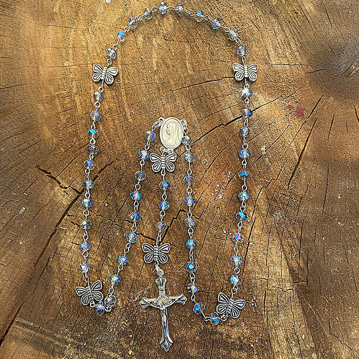 FREE Today: Immaculate Heart of Mary & Crucifix of 8 mm Round Ice Cracked Popping Beads Blue Alloy Chain Rosary