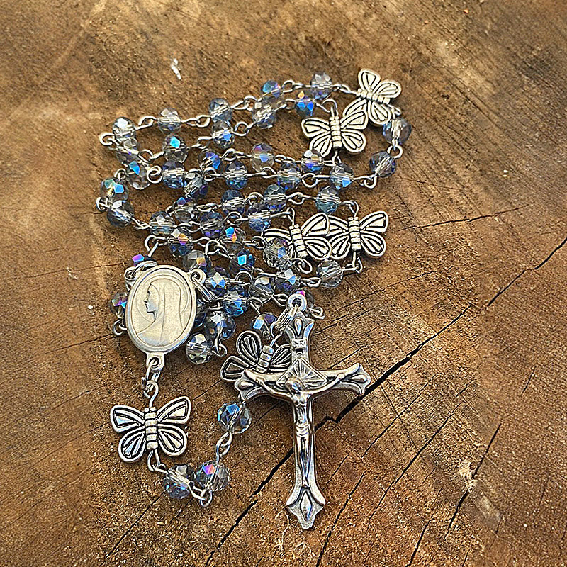 FREE Today: Immaculate Heart of Mary & Crucifix of 8 mm Round Ice Cracked Popping Beads Blue Alloy Chain Rosary