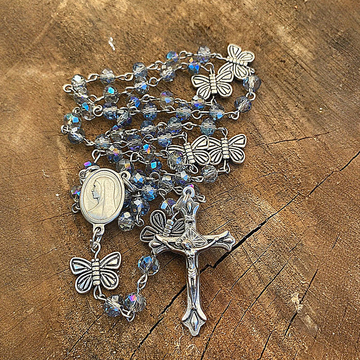 FREE Today: Immaculate Heart of Mary & Crucifix of 8 mm Round Ice Cracked Popping Beads Blue Alloy Chain Rosary