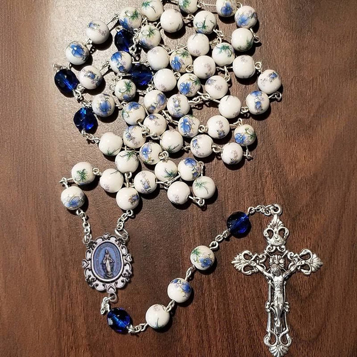 FREE Today: Miraculous Medal & Crucifix of 8 mm Round Flower Ceramics Blue Alloy Chain Rosary