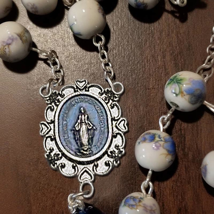 FREE Today: Miraculous Medal & Crucifix of 8 mm Round Flower Ceramics Blue Alloy Chain Rosary