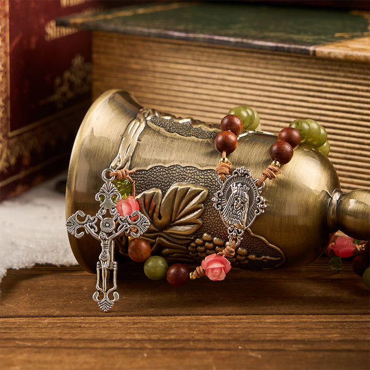 Christianartworkshop Immaculate Heart of Mary & Crucifix of 8 mm Round Multicolor Wood Nylon Cord Rosary