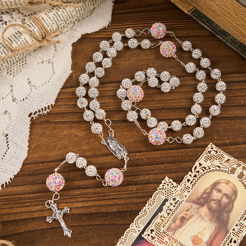 Christianartworkshop Our Lady of Guadalupe & Crucifix of 10mm Round White Rhinestone Alloy Chain Rosary