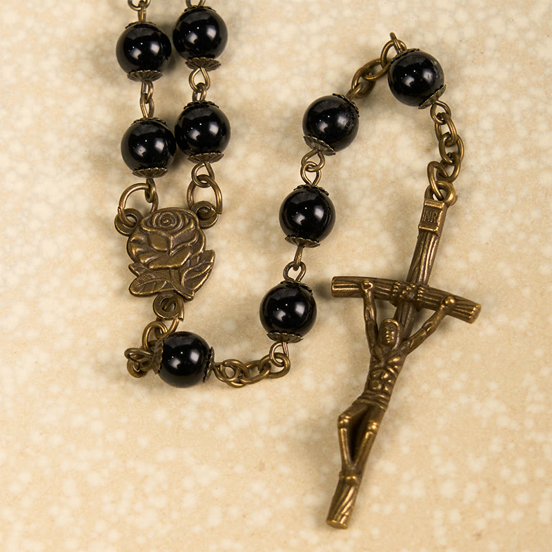 Christianartworkshop Rose & Crucifix of 10mm Round Black Stone Alloy Chain Rosary