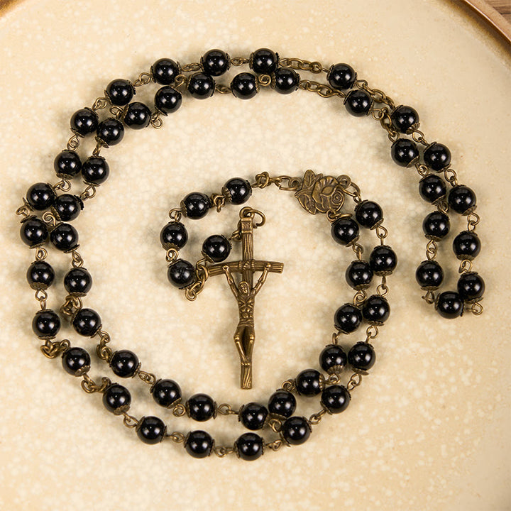 Christianartworkshop Rose & Crucifix of 10mm Round Black Stone Alloy Chain Rosary