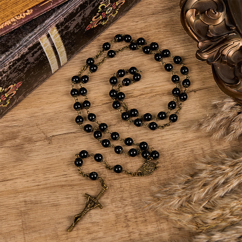 Christianartworkshop Rose & Crucifix of 10mm Round Black Stone Alloy Chain Rosary