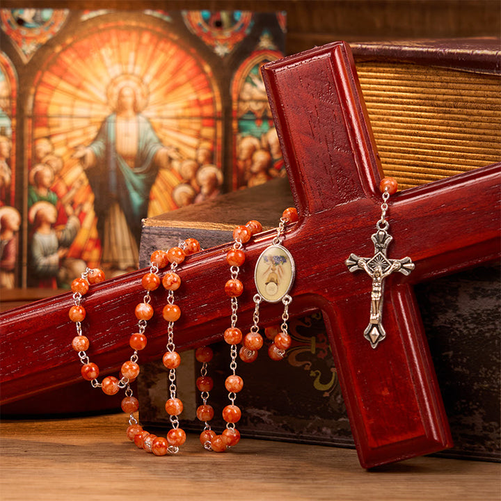 Christianartworkshop Holy Communion & Crucifix of 8 mm Round Orange Glass Alloy Chain Rosary