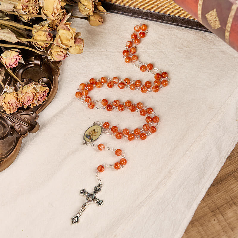 Christianartworkshop Holy Communion & Crucifix of 8 mm Round Orange Glass Alloy Chain Rosary