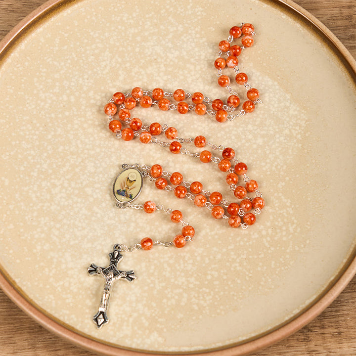 Christianartworkshop Holy Communion & Crucifix of 8 mm Round Orange Glass Alloy Chain Rosary