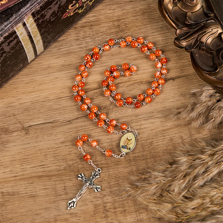 Christianartworkshop Holy Communion & Crucifix of 8 mm Round Orange Glass Alloy Chain Rosary