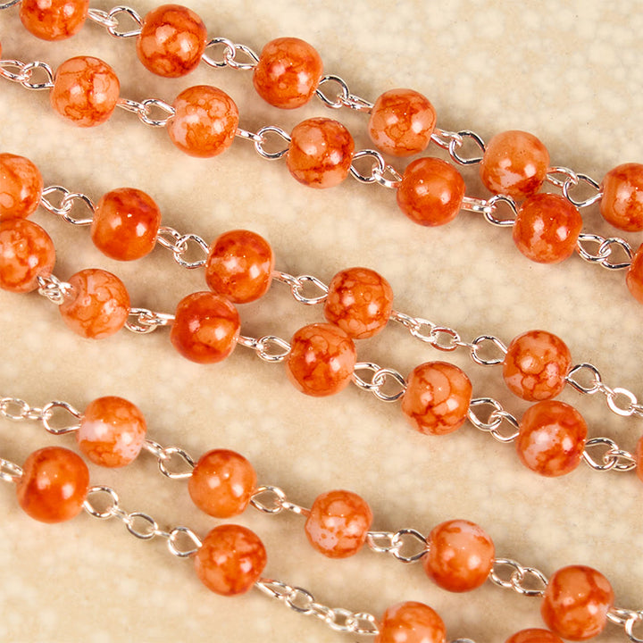 Christianartworkshop Holy Communion & Crucifix of 8 mm Round Orange Glass Alloy Chain Rosary