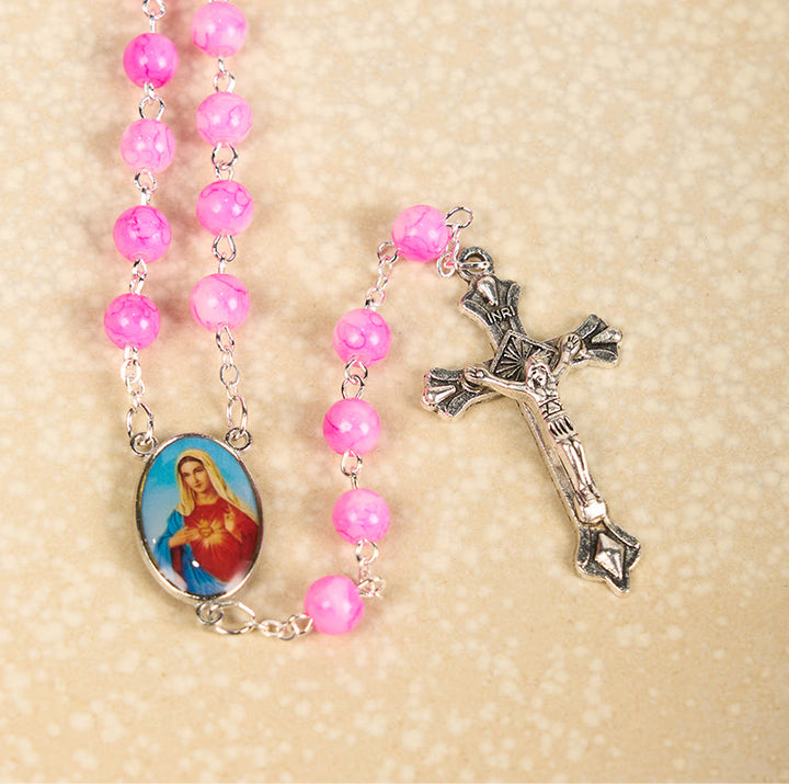 Christianartworkshop Immaculate Heart of Mary & Crucifix of 8 mm Round Pink Glass Alloy Chain Rosary