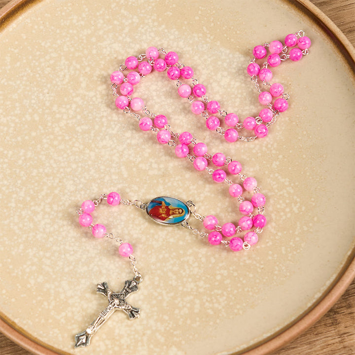 Christianartworkshop Immaculate Heart of Mary & Crucifix of 8 mm Round Pink Glass Alloy Chain Rosary