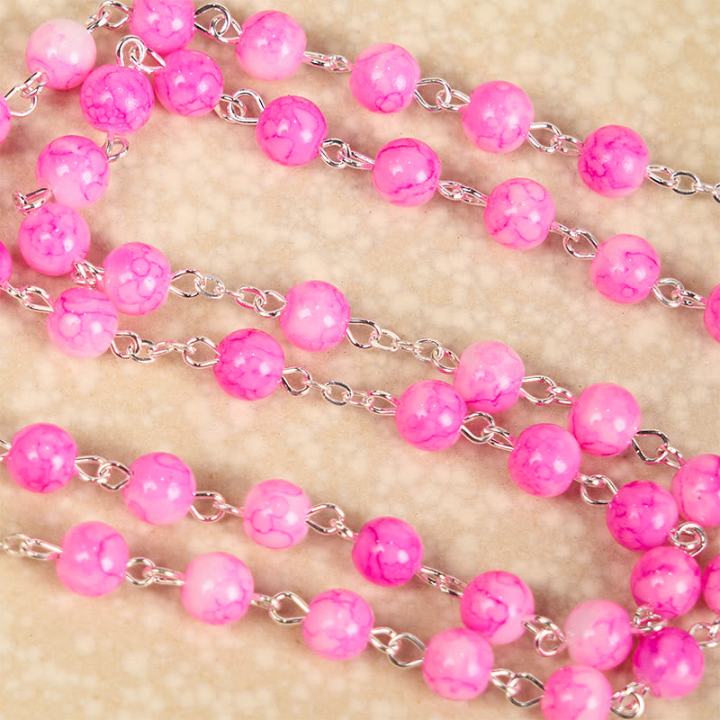 Christianartworkshop Immaculate Heart of Mary & Crucifix of 8 mm Round Pink Glass Alloy Chain Rosary