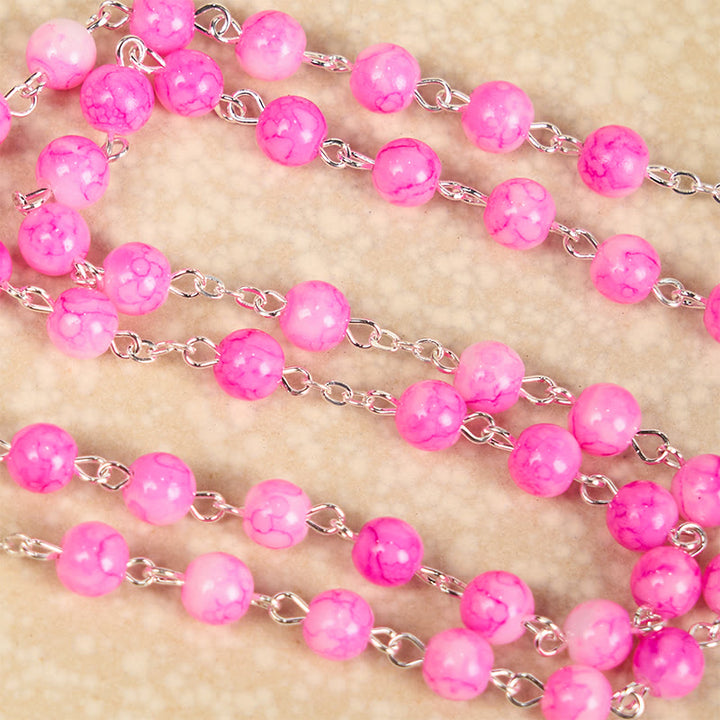 Christianartworkshop Immaculate Heart of Mary & Crucifix of 8 mm Round Pink Glass Alloy Chain Rosary