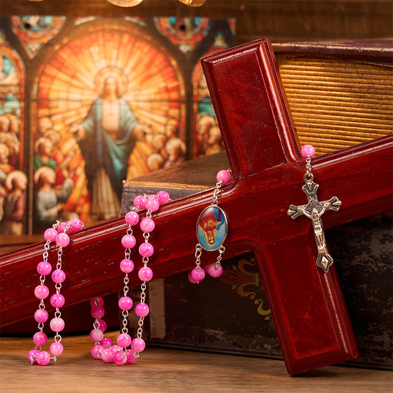 Christianartworkshop Immaculate Heart of Mary & Crucifix of 8 mm Round Pink Glass Alloy Chain Rosary