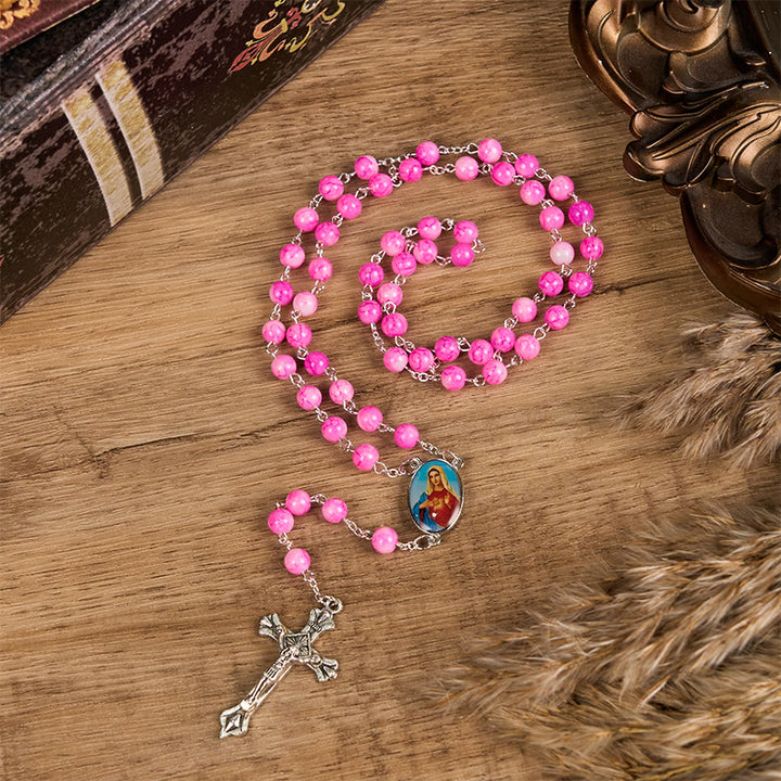 Christianartworkshop Immaculate Heart of Mary & Crucifix of 8 mm Round Pink Glass Alloy Chain Rosary