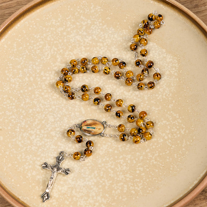 Christianartworkshop Our Lady of Fatima & Crucifix of 8 mm Round Pattern Stone Alloy Chain Rosary