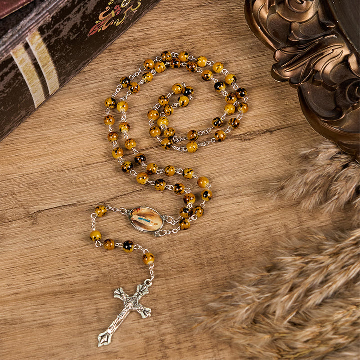 Christianartworkshop Our Lady of Fatima & Crucifix of 8 mm Round Pattern Stone Alloy Chain Rosary