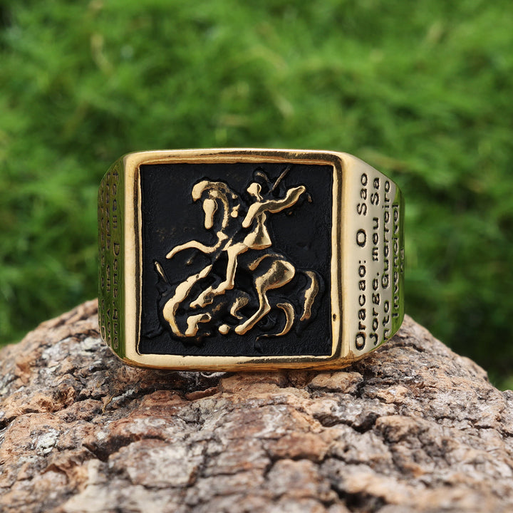 Christianartworkshop Retro Classic Style St. George Warrior Slave the Dragon Divine Protection Ring