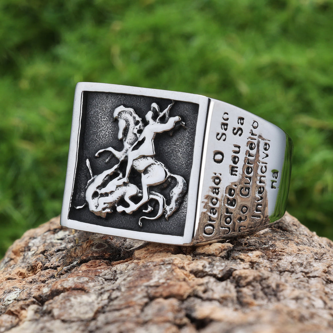 Christianartworkshop Retro Classic Style St. George Warrior Slave the Dragon Divine Protection Ring - image 1