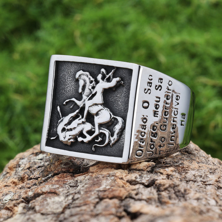 Christianartworkshop Retro Classic Style St. George Warrior Slave the Dragon Divine Protection Ring