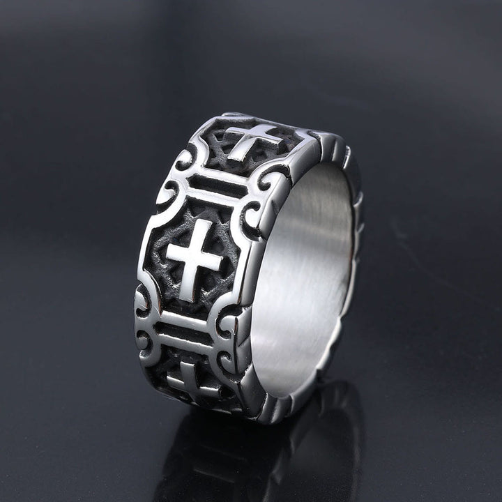 Christianartworkshop Retro Style Cross Engraved Stainless Steel Faith Protection Ring - US 15 - image 0
