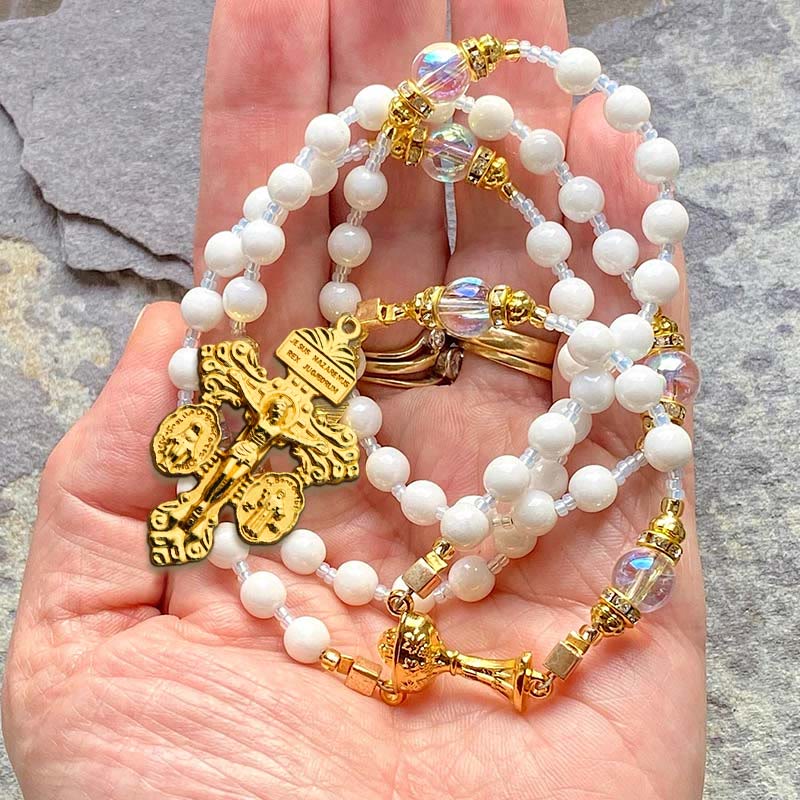 FREE Today: Eucharistic Chalice & Crucifix of 8 mm Round White Acrylic Nylon Cord Rosary