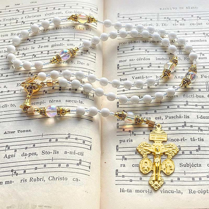 FREE Today: Eucharistic Chalice & Crucifix of 8 mm Round White Acrylic Nylon Cord Rosary