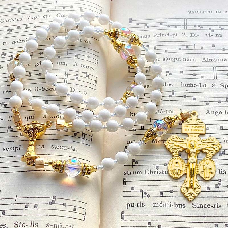 FREE Today: Eucharistic Chalice & Crucifix of 8 mm Round White Acrylic Nylon Cord Rosary