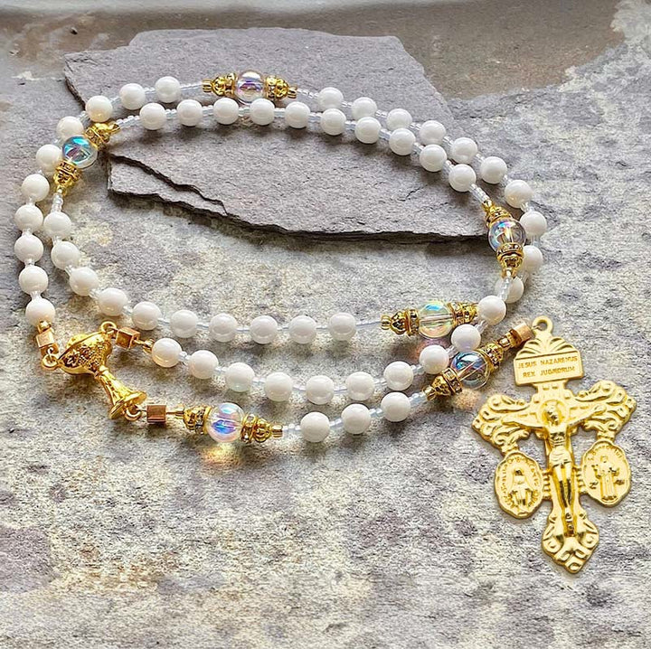 FREE Today: Eucharistic Chalice & Crucifix of 8 mm Round White Acrylic Nylon Cord Rosary