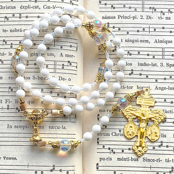 FREE Today: Eucharistic Chalice & Crucifix of 8 mm Round White Acrylic Nylon Cord Rosary